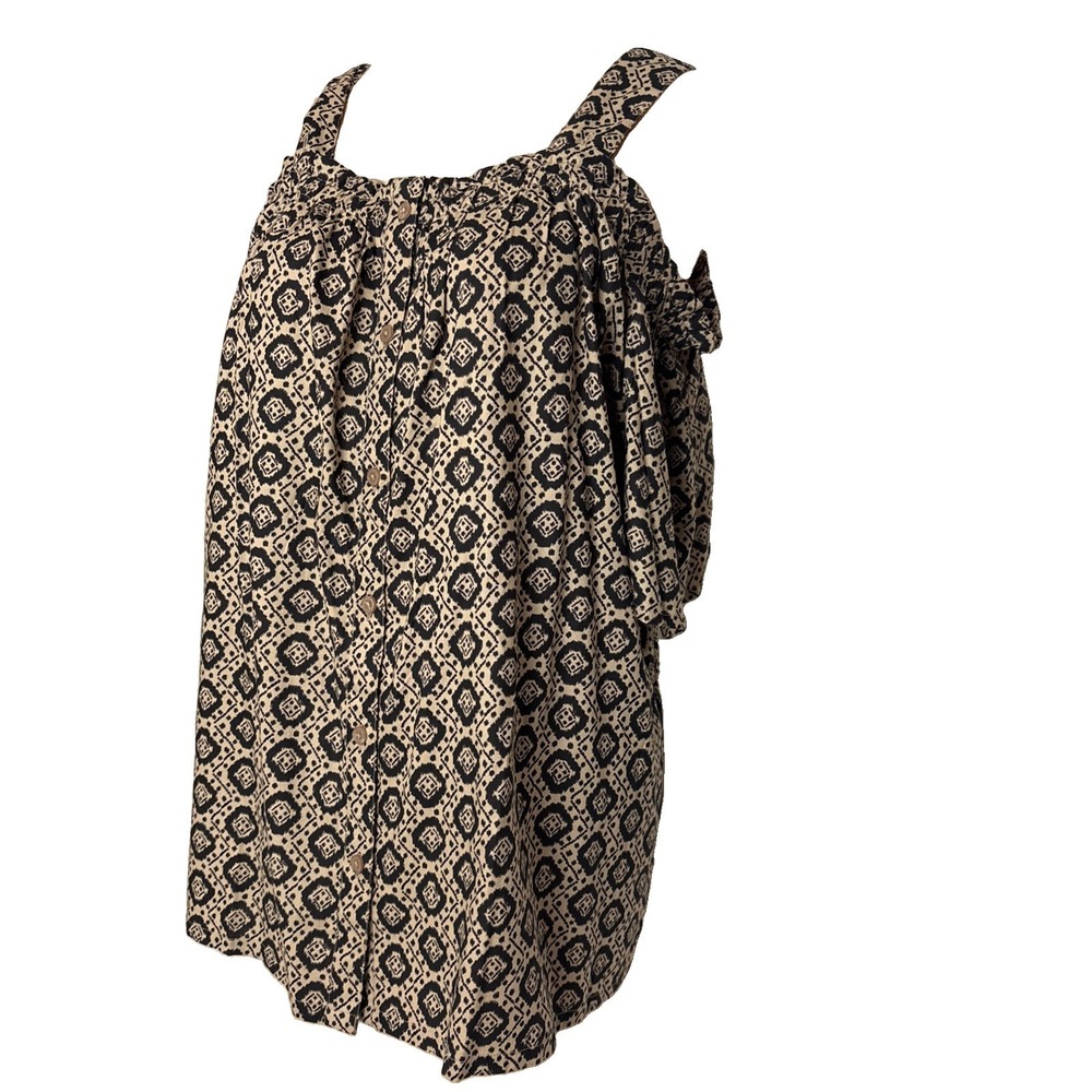 Woman Within top Womens M 14/16 Beige Black pattern Cold Shoulder Short Slv NWOT